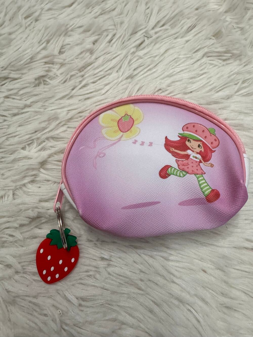 Strawberry Shortcake pink & purple pouch keychain with strawberry charm